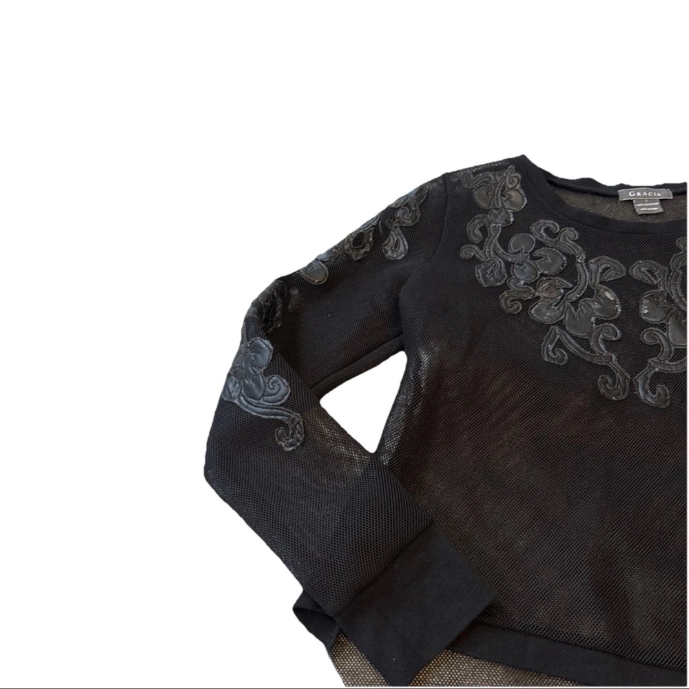 GRACIA Women’s Sexy Black Faux Leather Mermaid Scales MESH Blouse Size L - Picture 5 of 16